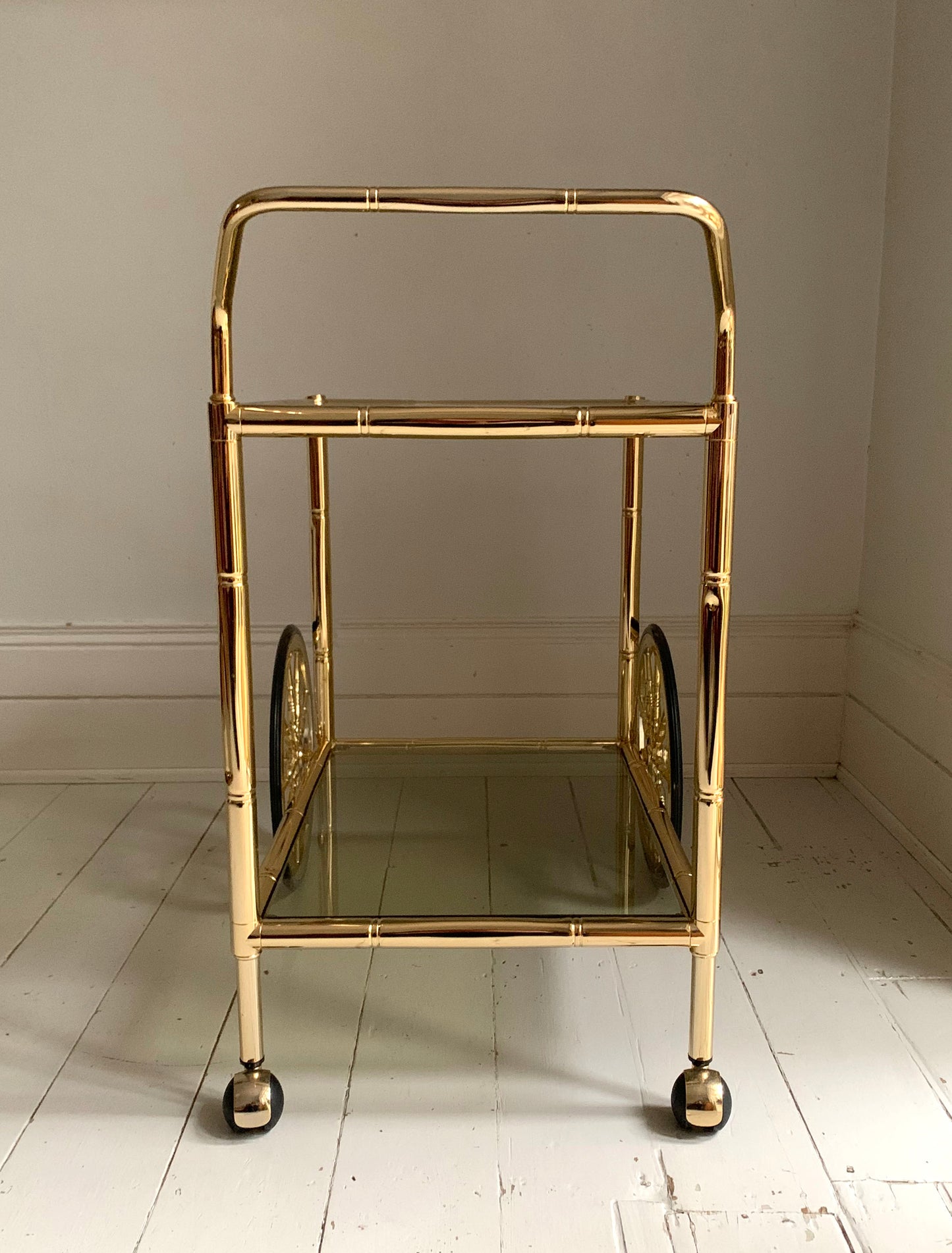 Vintage 1970s Faux Bamboo Brass & Glass Drinks Trolley / Bar Cart