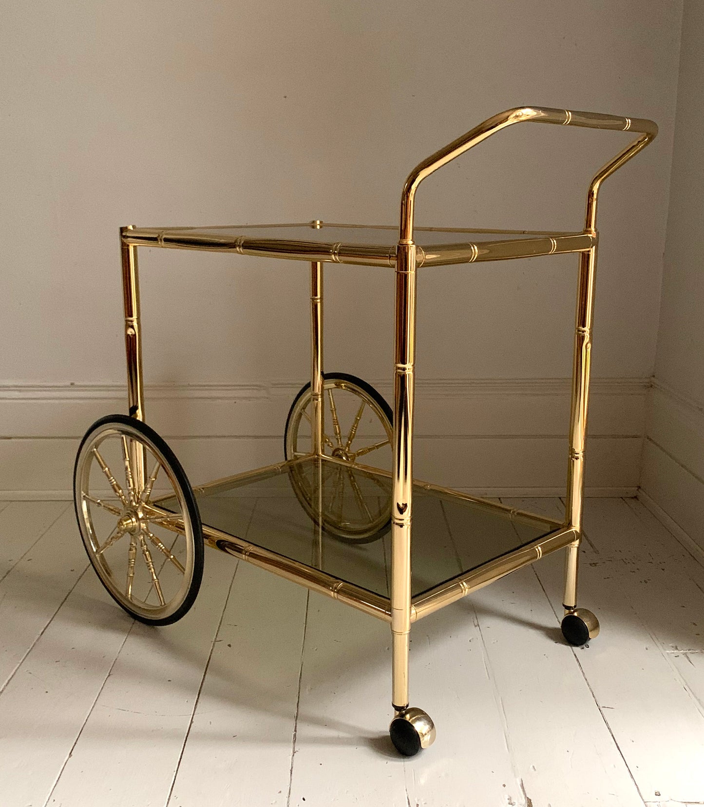Vintage 1970s Faux Bamboo Brass & Glass Drinks Trolley / Bar Cart