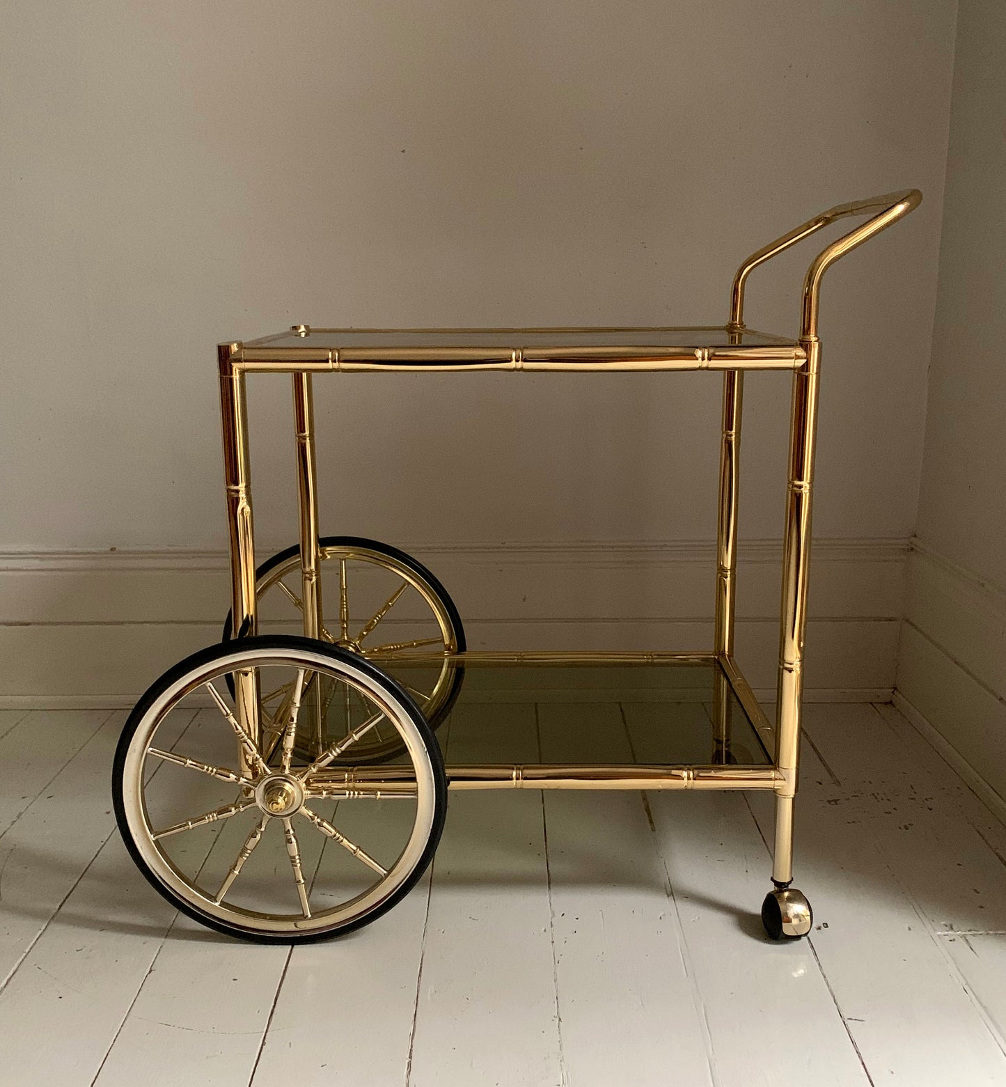 Vintage 1970s Faux Bamboo Brass & Glass Drinks Trolley / Bar Cart