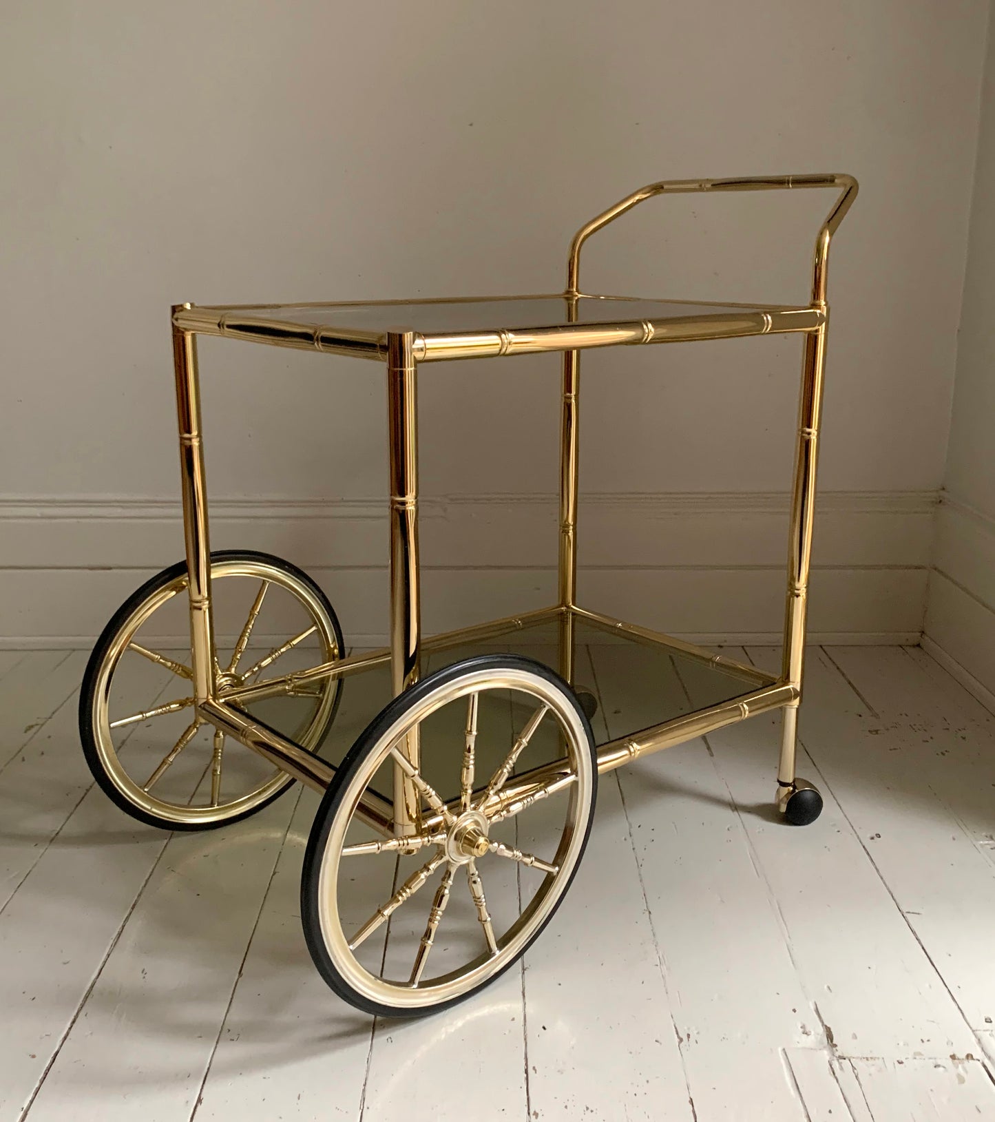 Vintage 1970s Faux Bamboo Brass & Glass Drinks Trolley / Bar Cart