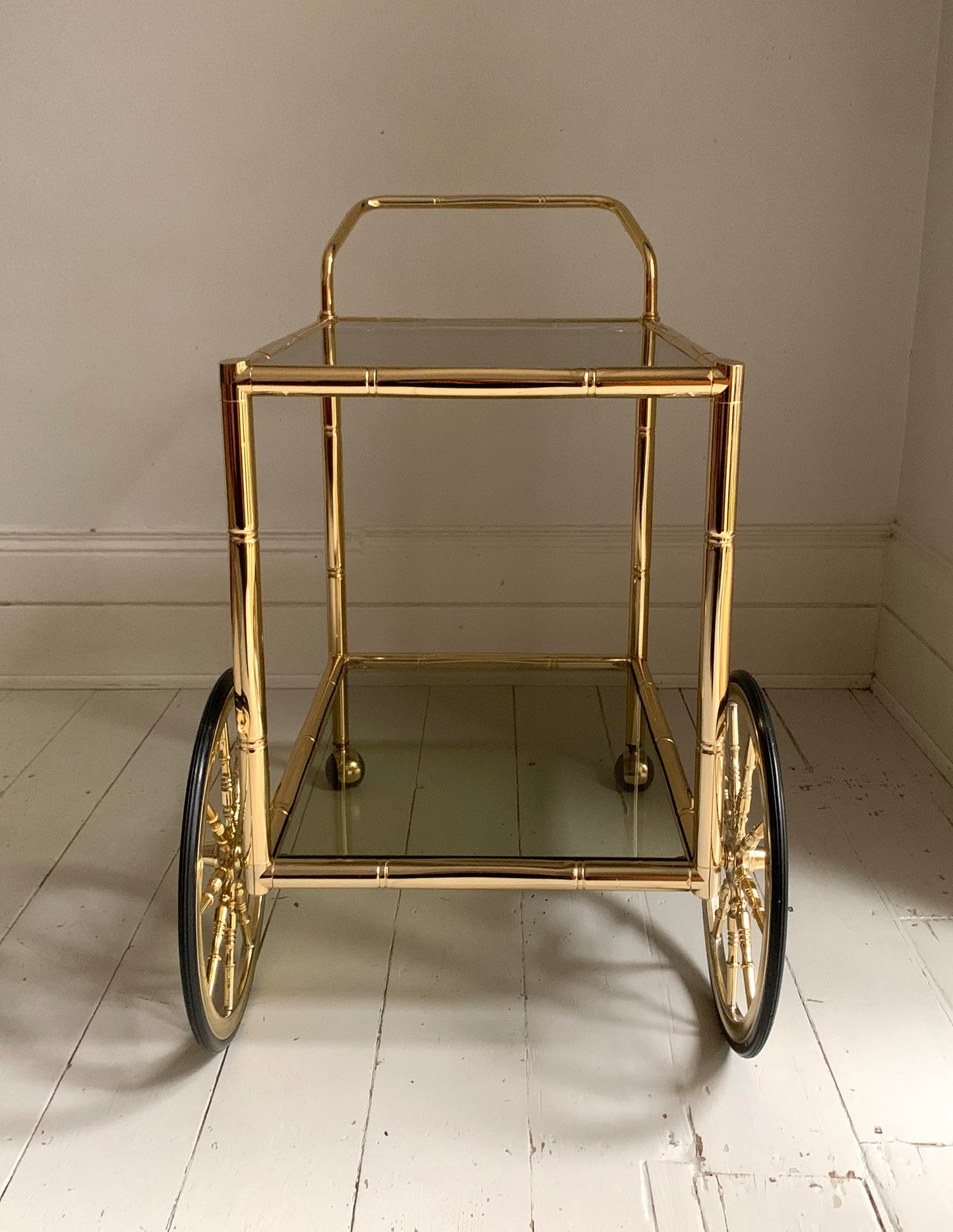 Vintage 1970s Faux Bamboo Brass & Glass Drinks Trolley / Bar Cart