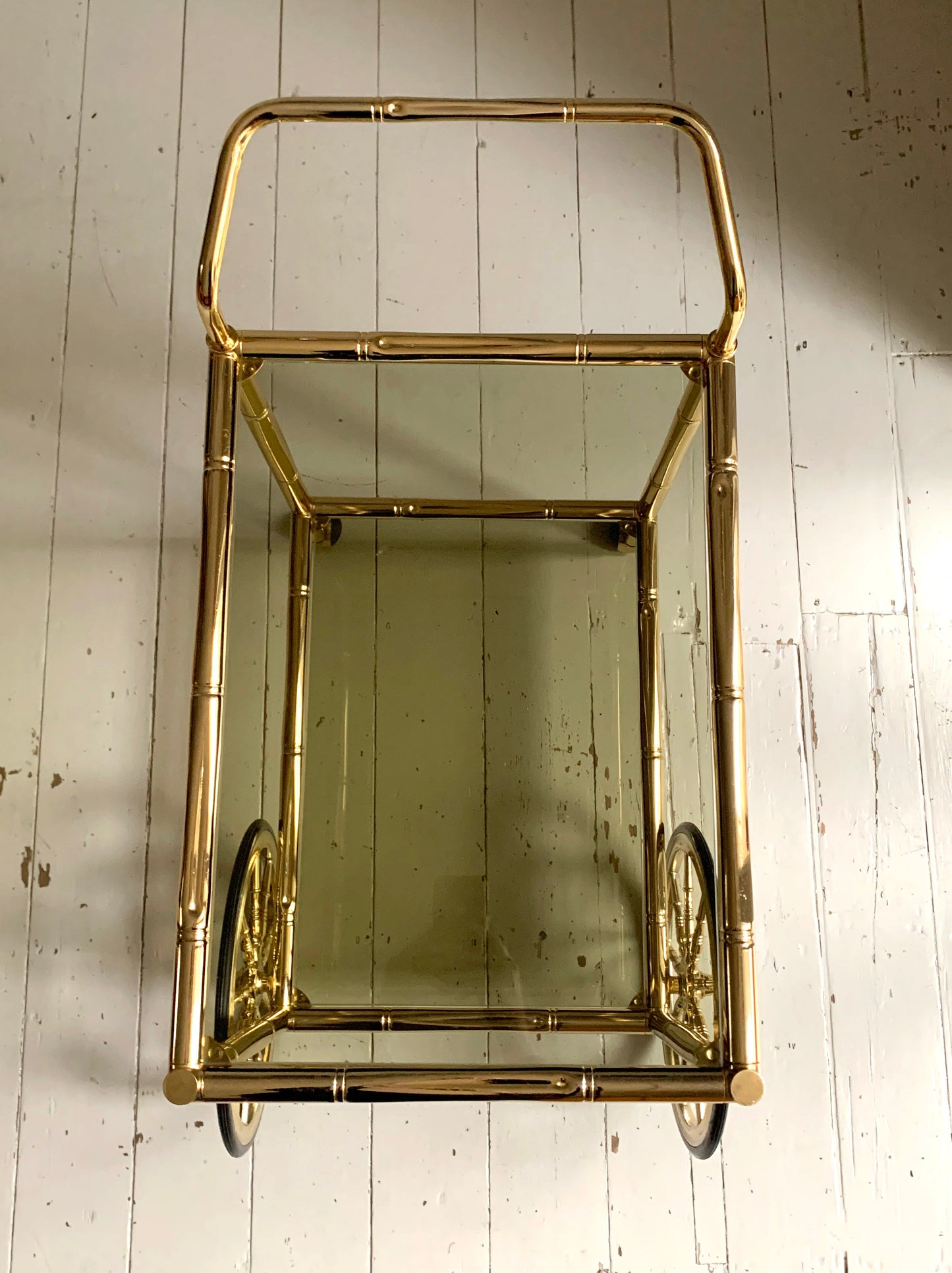 Vintage 1970s Faux Bamboo Brass & Glass Drinks Trolley / Bar Cart