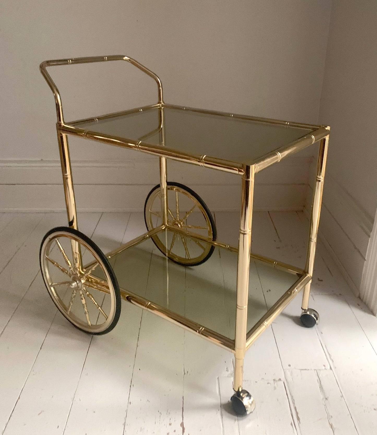 Vintage 1970s Faux Bamboo Brass & Glass Drinks Trolley / Bar Cart