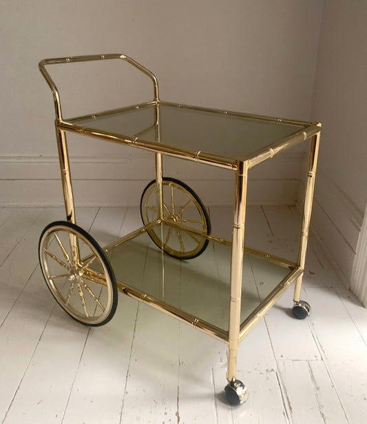 Vintage 1970s Faux Bamboo Brass & Glass Drinks Trolley / Bar Cart