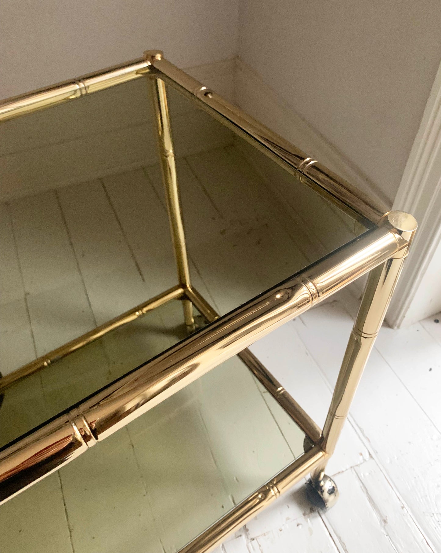 Vintage 1970s Faux Bamboo Brass & Glass Drinks Trolley / Bar Cart