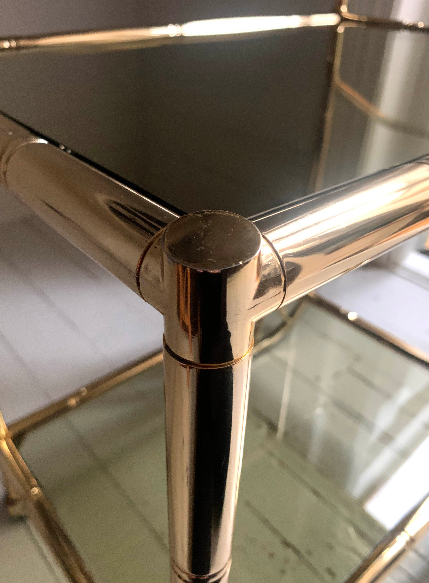 Vintage 1970s Faux Bamboo Brass & Glass Drinks Trolley / Bar Cart