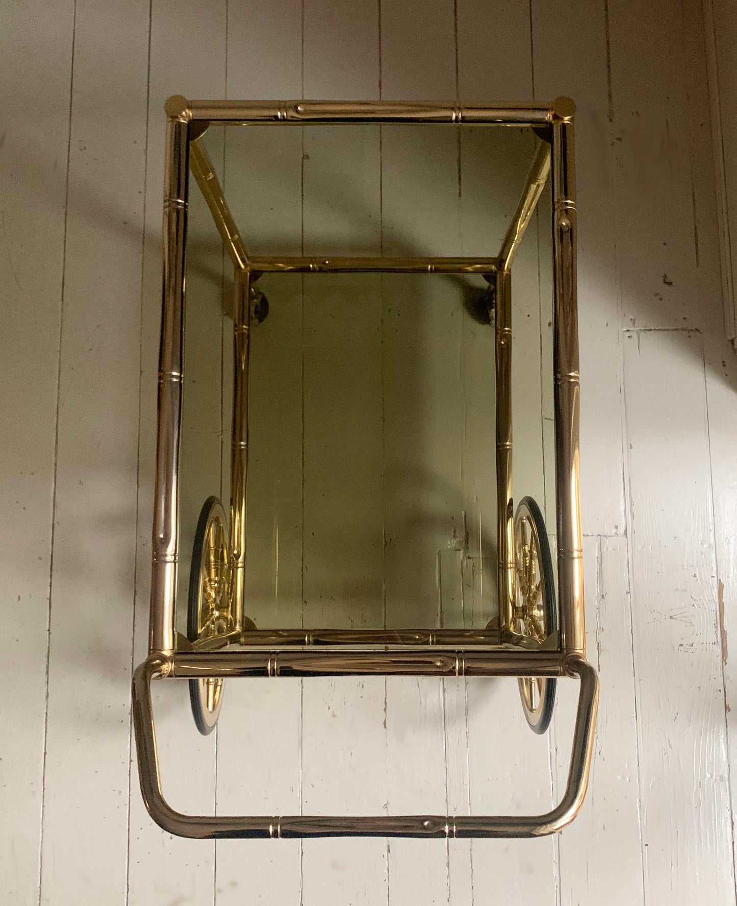 Vintage 1970s Faux Bamboo Brass & Glass Drinks Trolley / Bar Cart