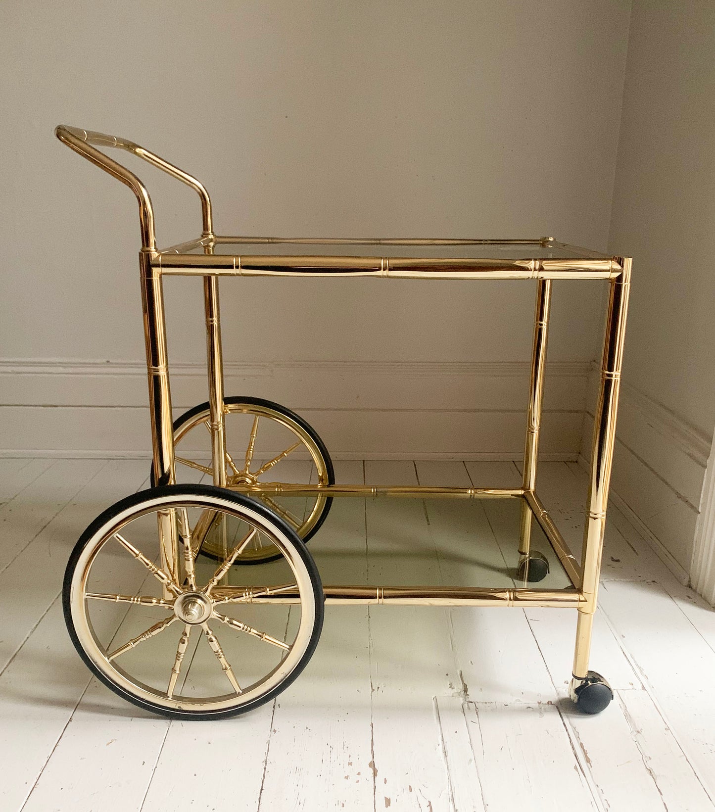 Vintage 1970s Faux Bamboo Brass & Glass Drinks Trolley / Bar Cart