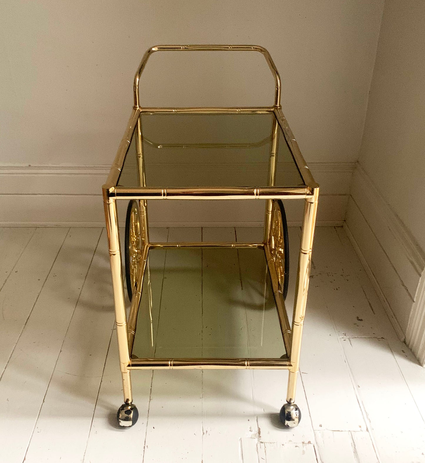 Vintage 1970s Faux Bamboo Brass & Glass Drinks Trolley / Bar Cart