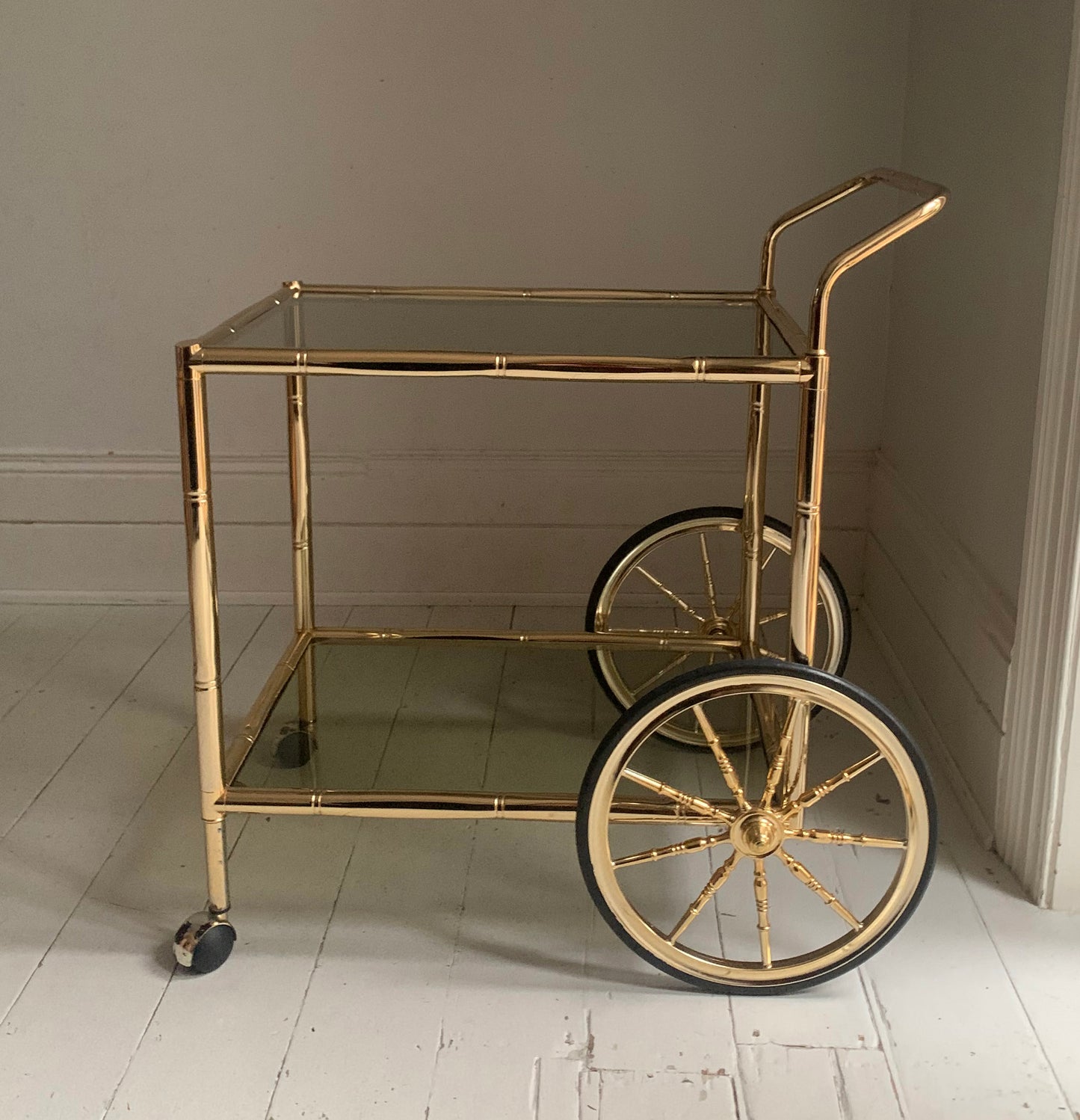 Vintage 1970s Faux Bamboo Brass & Glass Drinks Trolley / Bar Cart