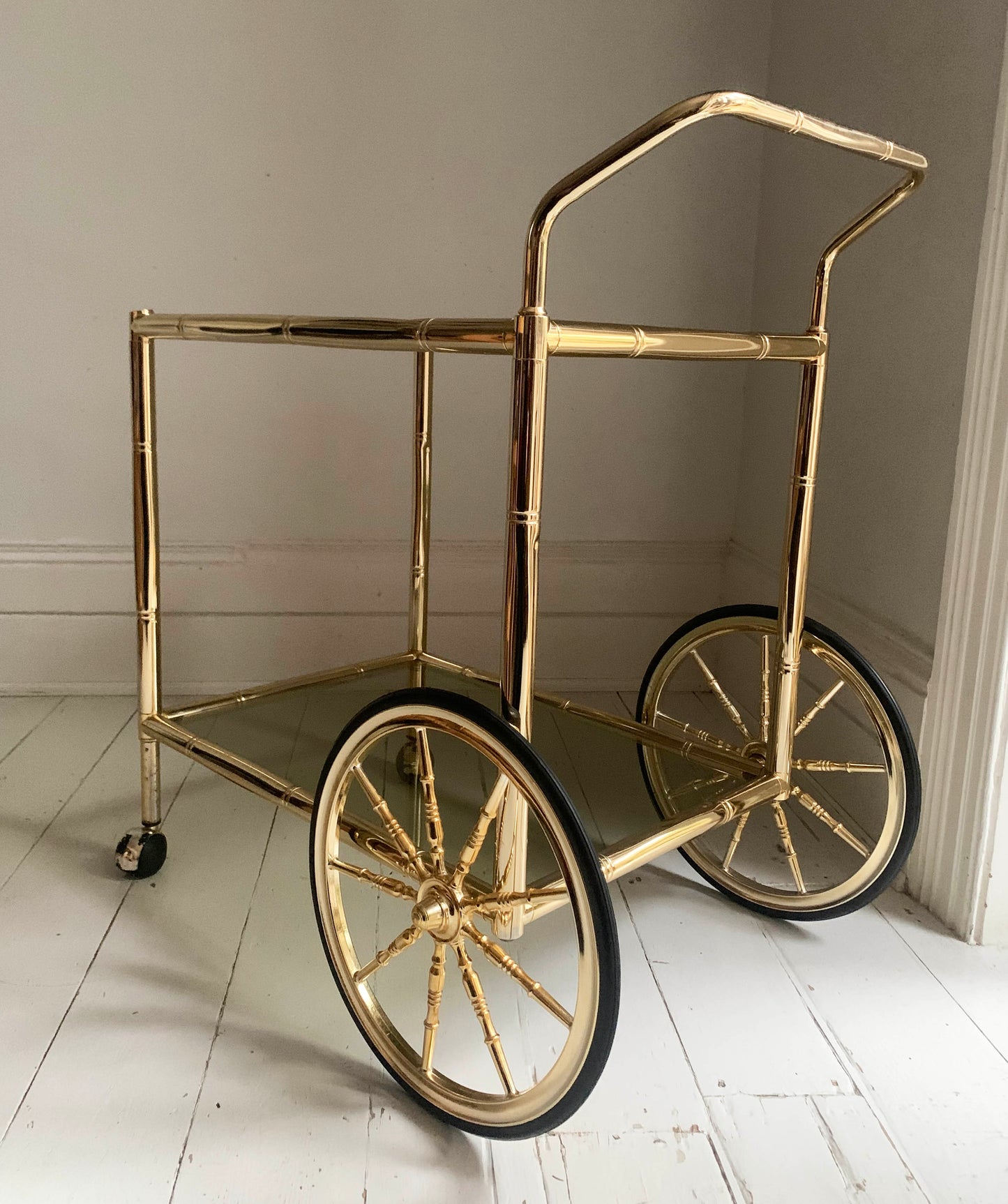 Vintage 1970s Faux Bamboo Brass & Glass Drinks Trolley / Bar Cart