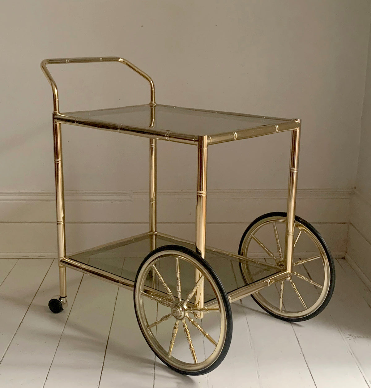 Vintage 1970s Faux Bamboo Two Tier Brass & Glass Cocktail Drinks Trolley Bar