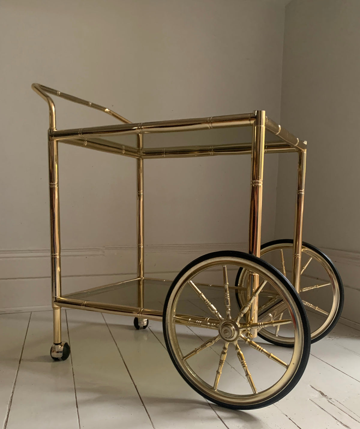 Vintage 1970s Faux Bamboo Two Tier Brass & Glass Cocktail Drinks Trolley Bar