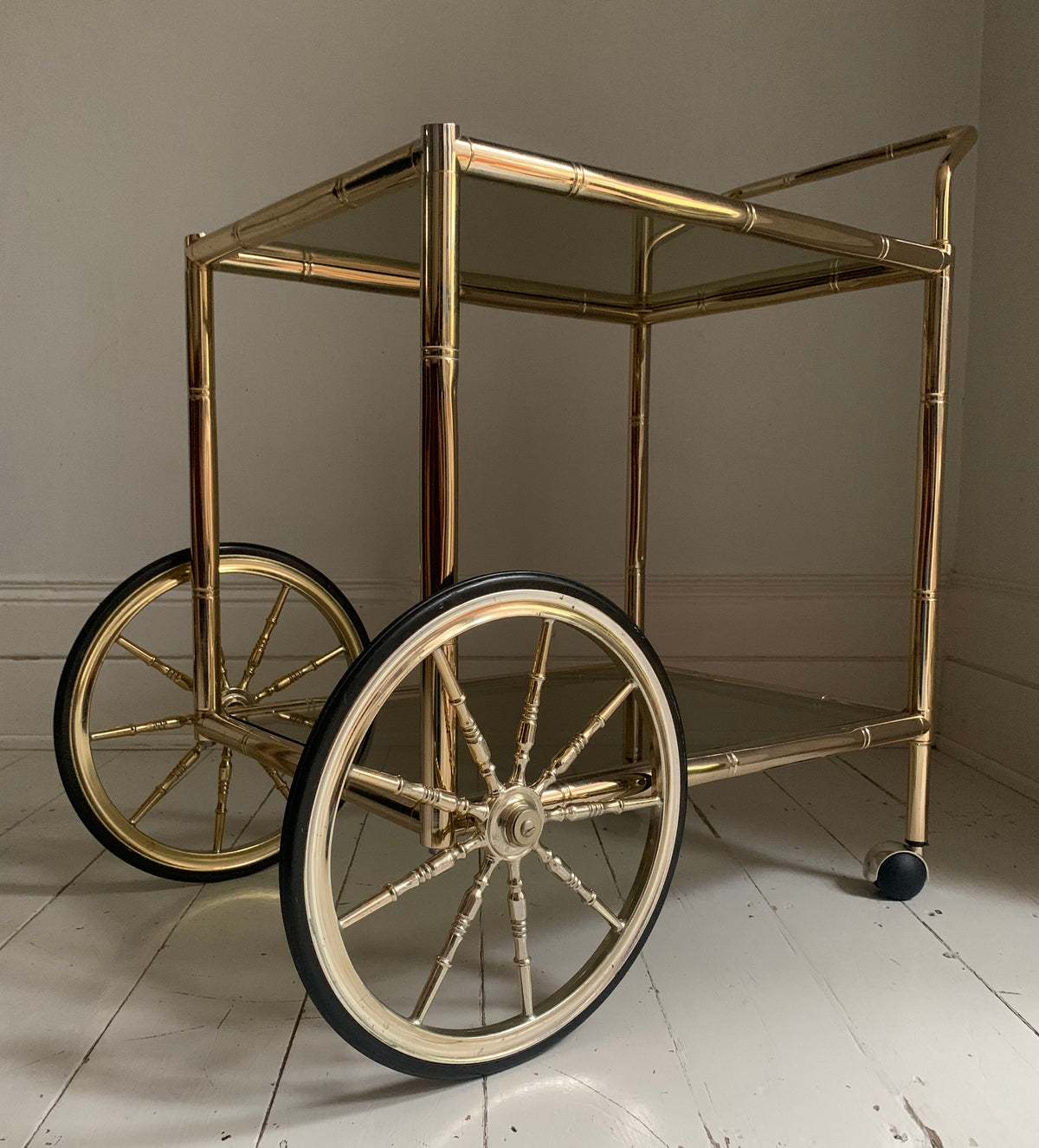 Vintage 1970s Faux Bamboo Two Tier Brass & Glass Cocktail Drinks Trolley Bar