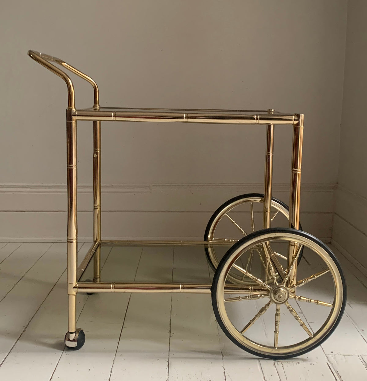 Vintage 1970s Faux Bamboo Two Tier Brass & Glass Cocktail Drinks Trolley Bar