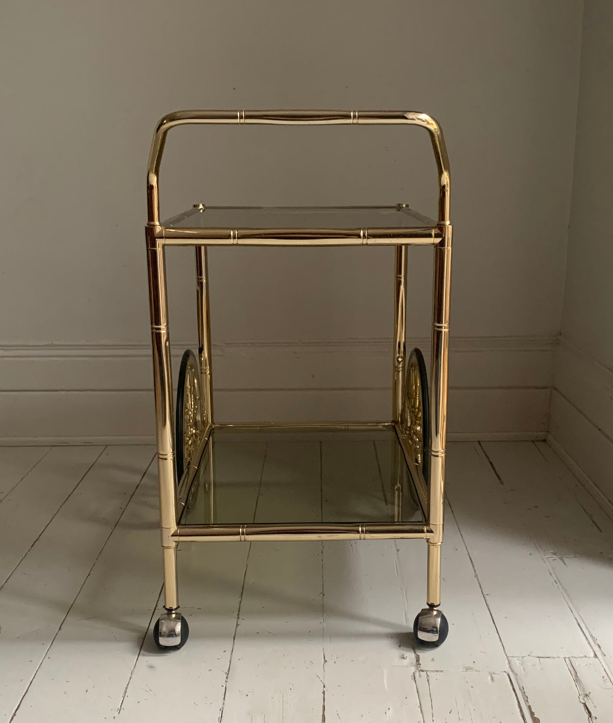 Vintage 1970s Faux Bamboo Two Tier Brass & Glass Cocktail Drinks Trolley Bar