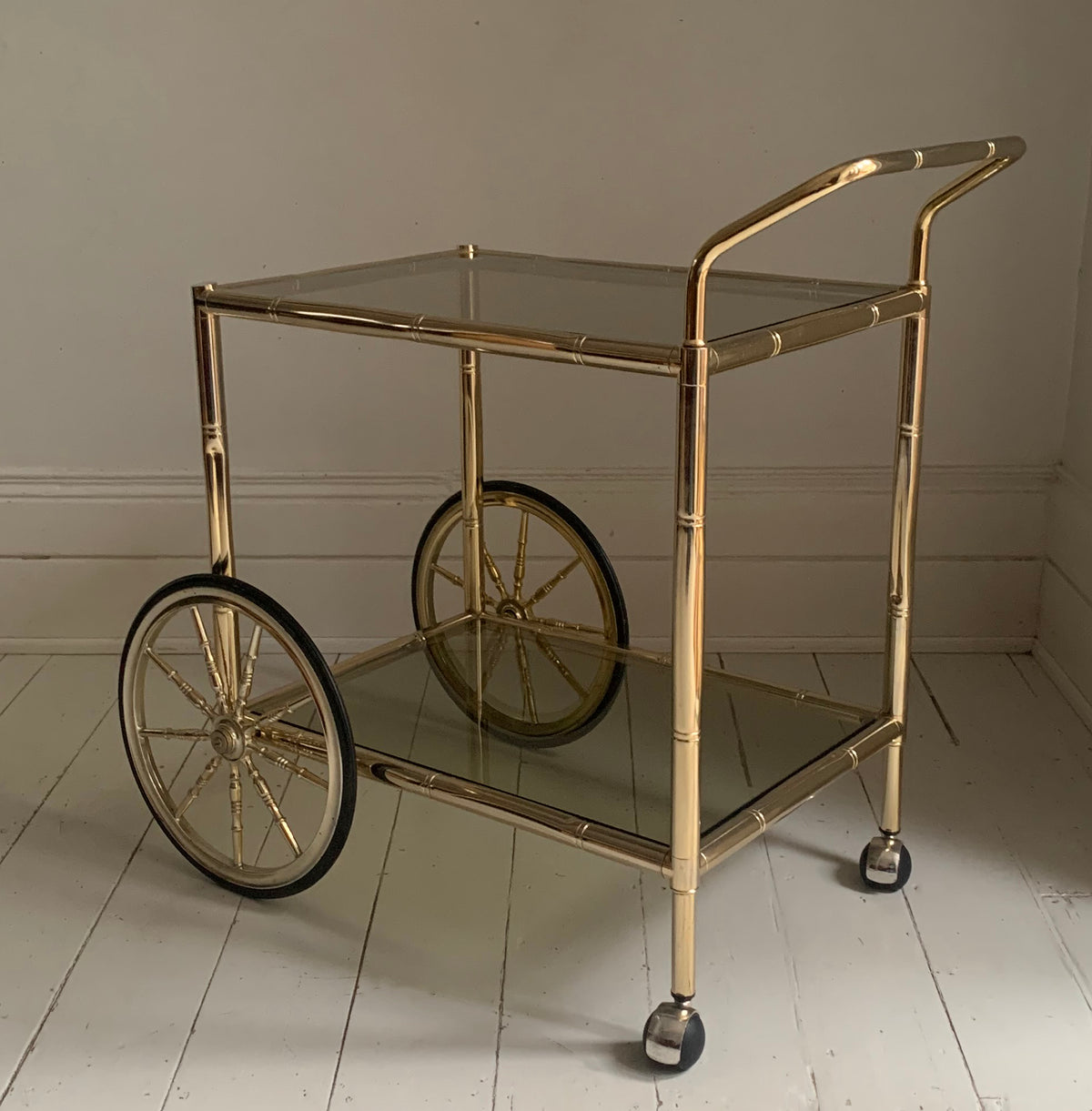 Vintage 1970s Faux Bamboo Two Tier Brass & Glass Cocktail Drinks Trolley Bar