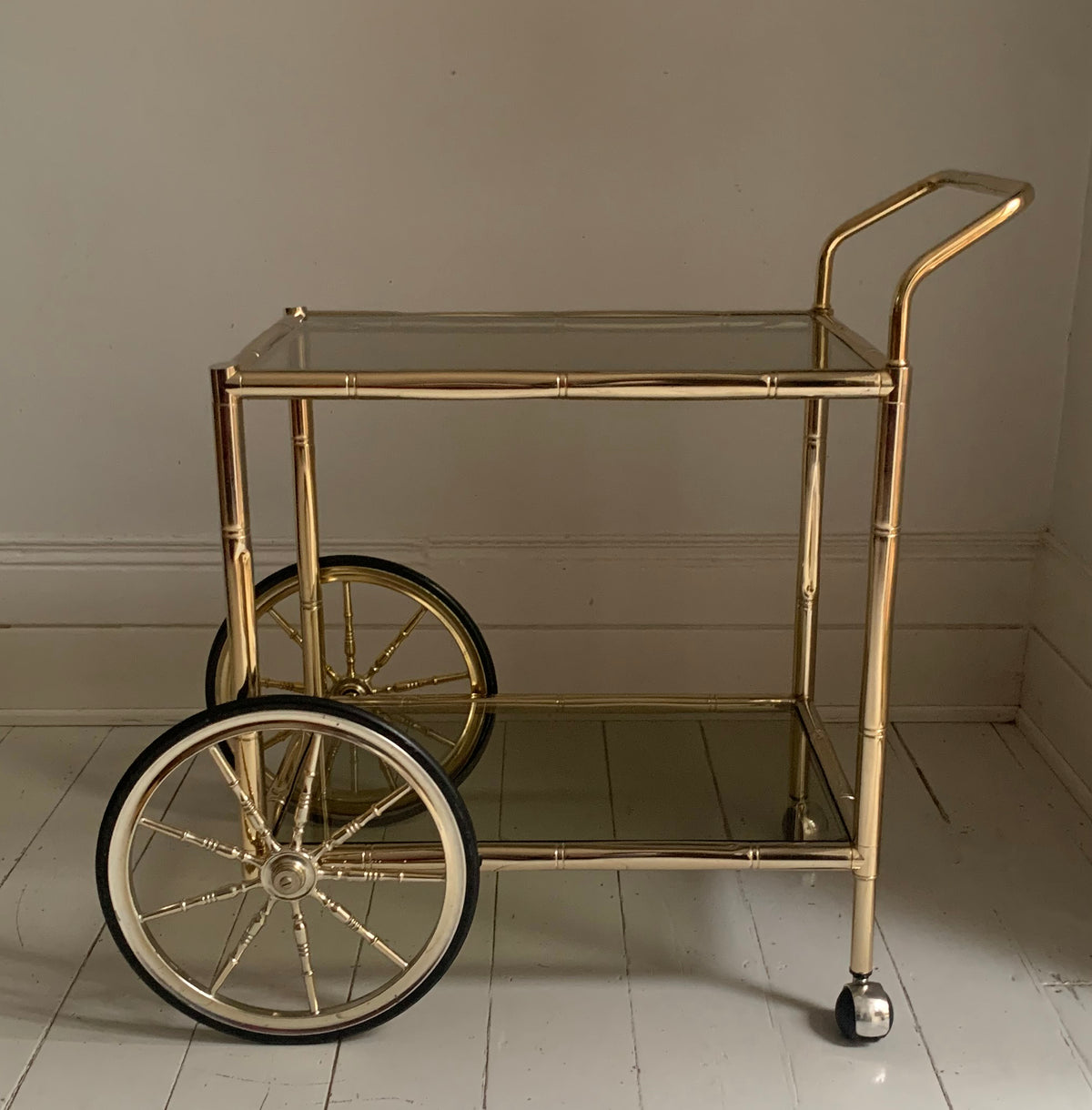 Vintage 1970s Faux Bamboo Two Tier Brass & Glass Cocktail Drinks Trolley Bar