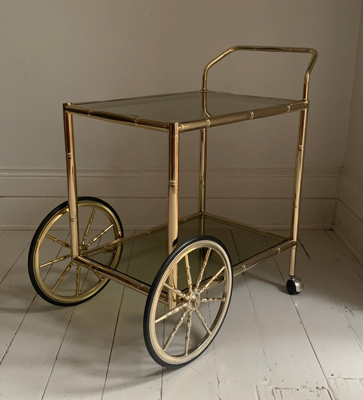 Vintage 1970s Faux Bamboo Two Tier Brass & Glass Cocktail Drinks Trolley Bar
