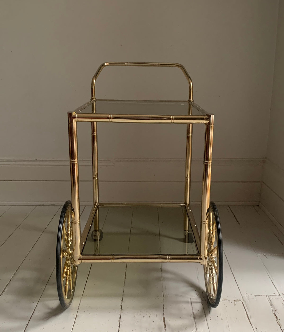 Vintage 1970s Faux Bamboo Two Tier Brass & Glass Cocktail Drinks Trolley Bar