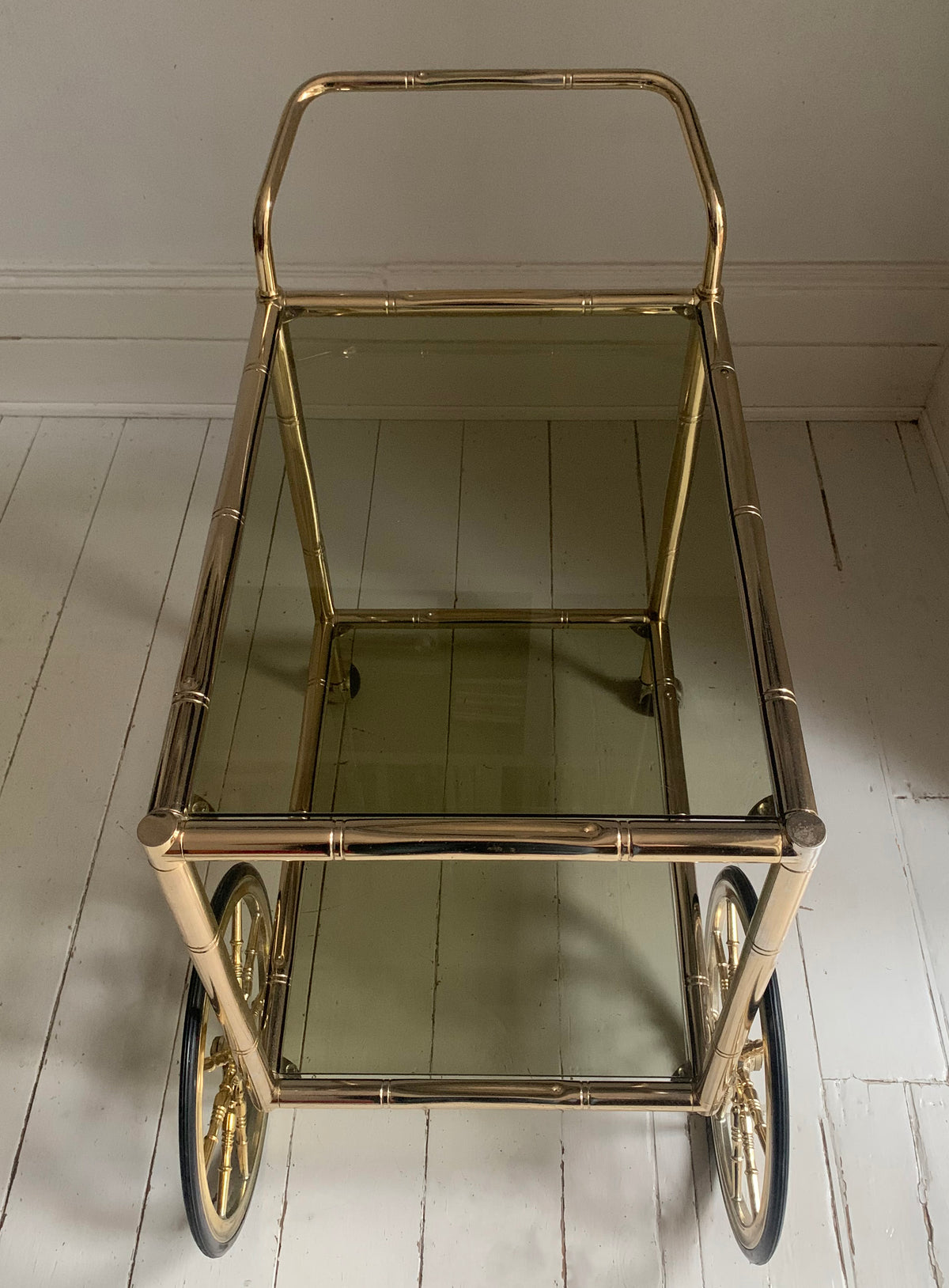 Vintage 1970s Faux Bamboo Two Tier Brass & Glass Cocktail Drinks Trolley Bar