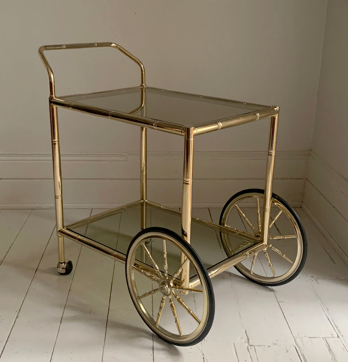 Vintage 1970s Faux Bamboo Two Tier Brass & Glass Cocktail Drinks Trolley Bar