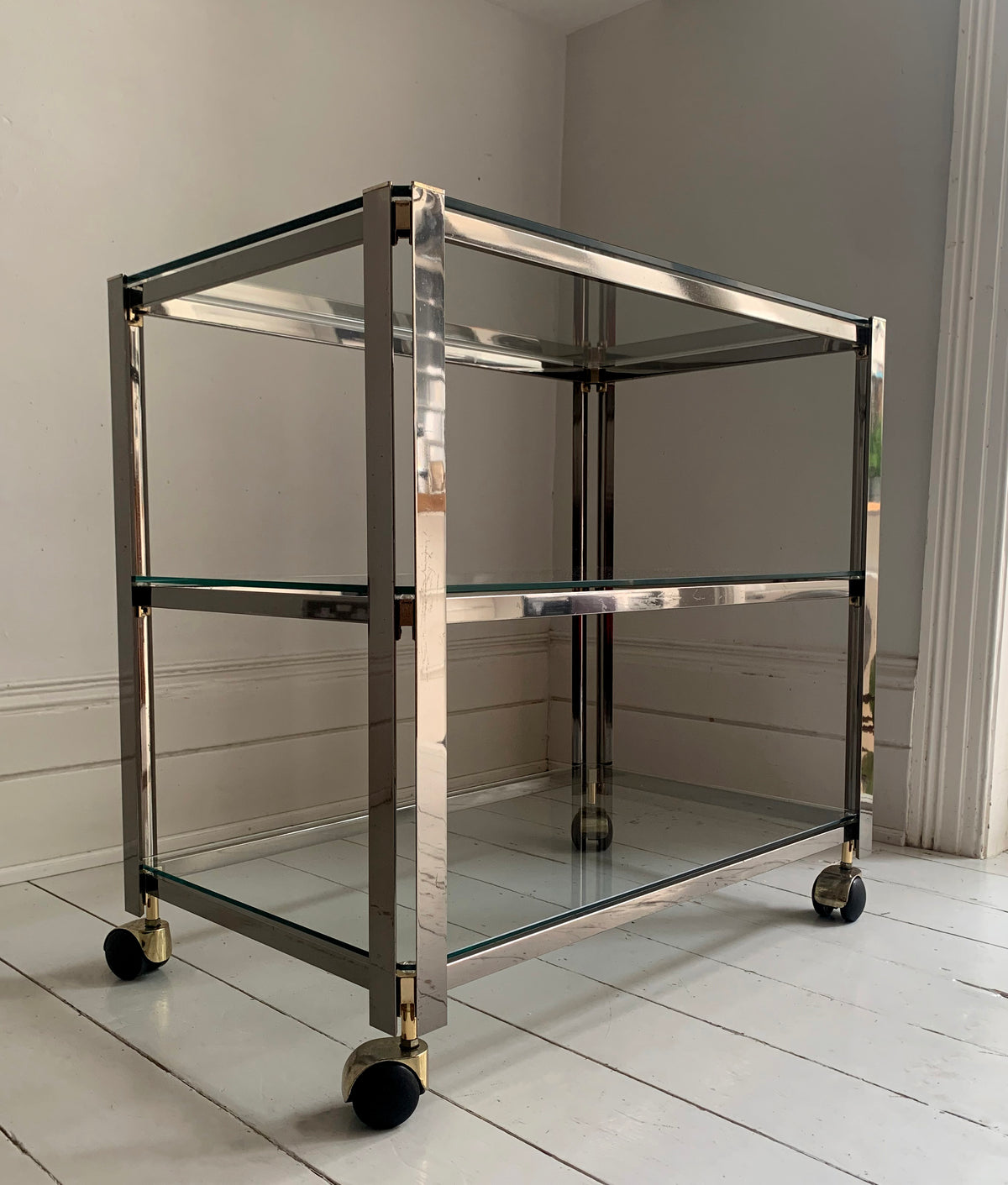Vintage Italian 1970s Chrome & Brass Three Tier Drinks Trolley, Bar Cart
