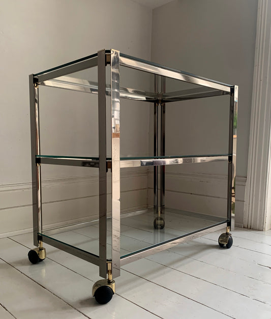 Vintage Italian 1970s Chrome & Brass Three Tier Drinks Trolley, Bar Cart