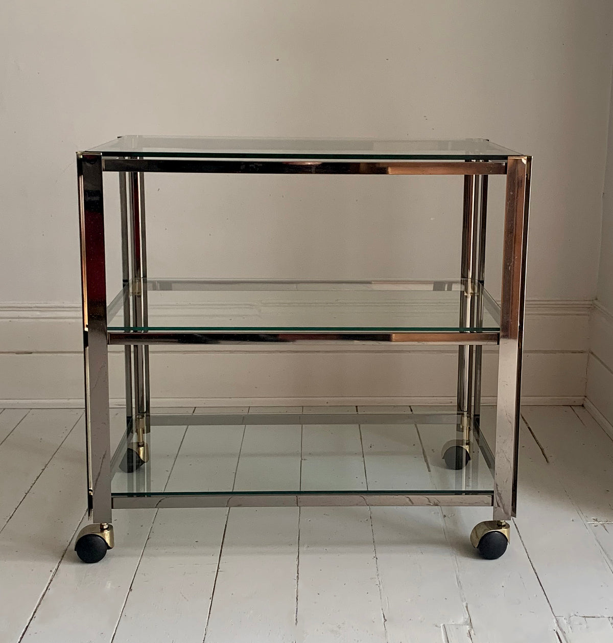Vintage Italian 1970s Chrome & Brass Three Tier Drinks Trolley, Bar Cart