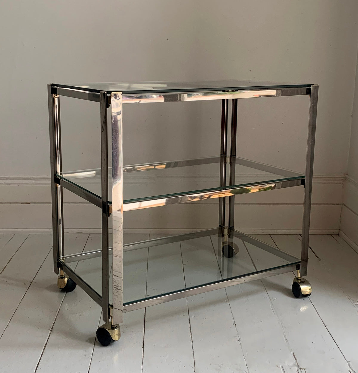 Vintage Italian 1970s Chrome & Brass Three Tier Drinks Trolley, Bar Cart
