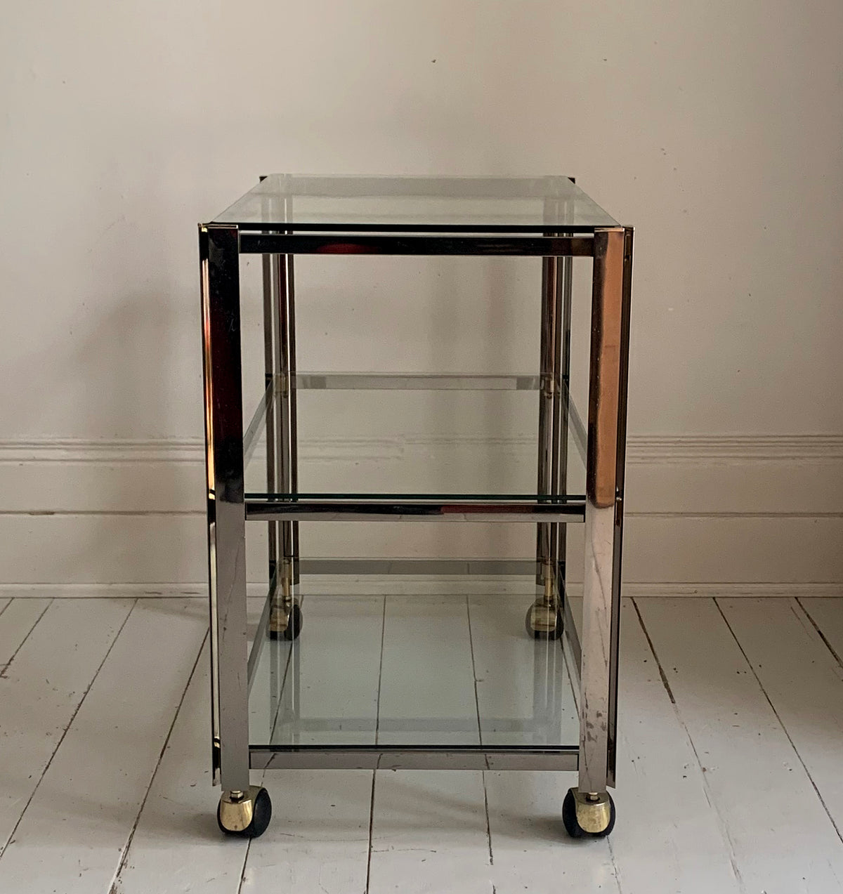 Vintage Italian 1970s Chrome & Brass Three Tier Drinks Trolley, Bar Cart