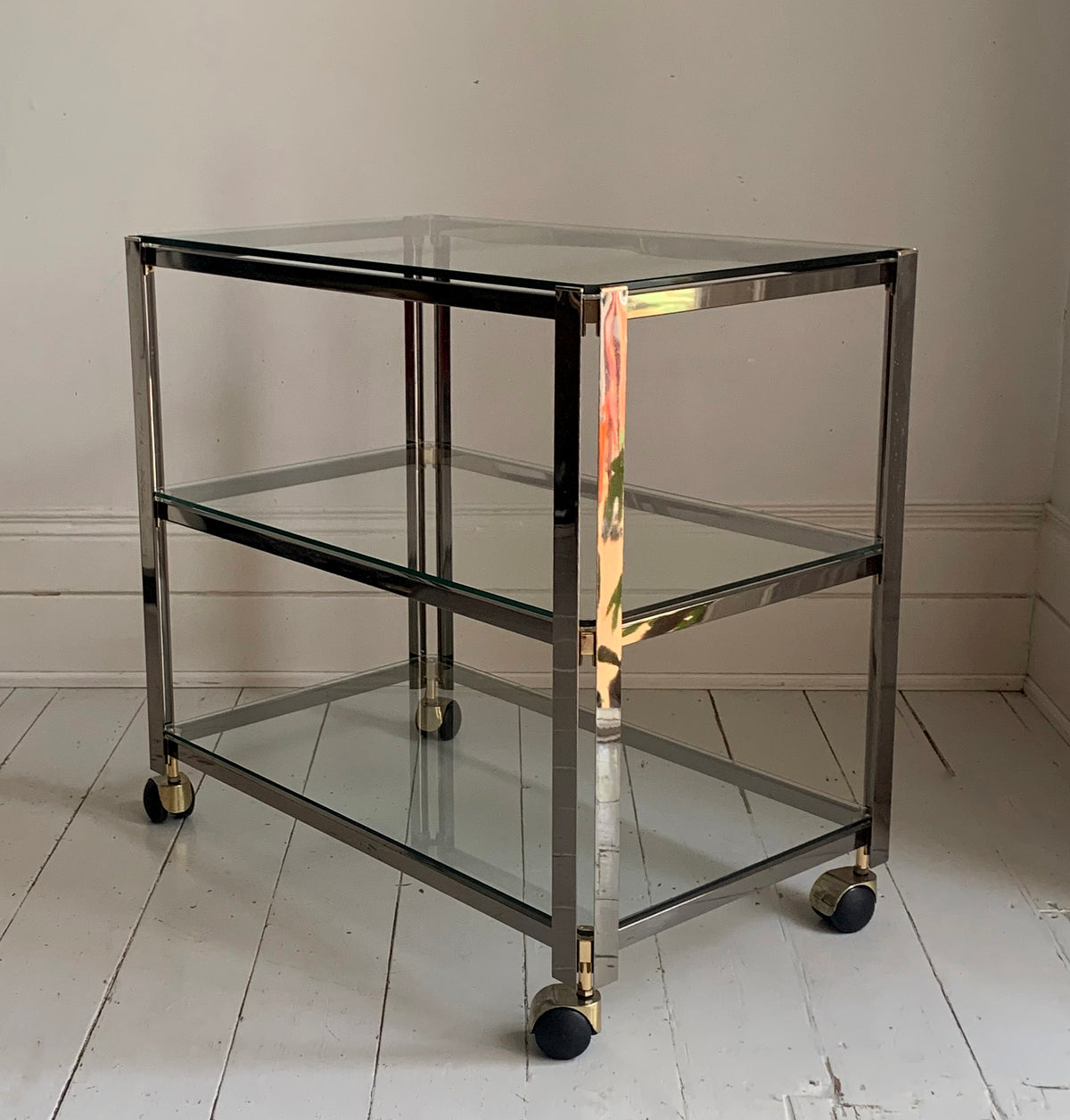 Vintage Italian 1970s Chrome & Brass Three Tier Drinks Trolley, Bar Cart