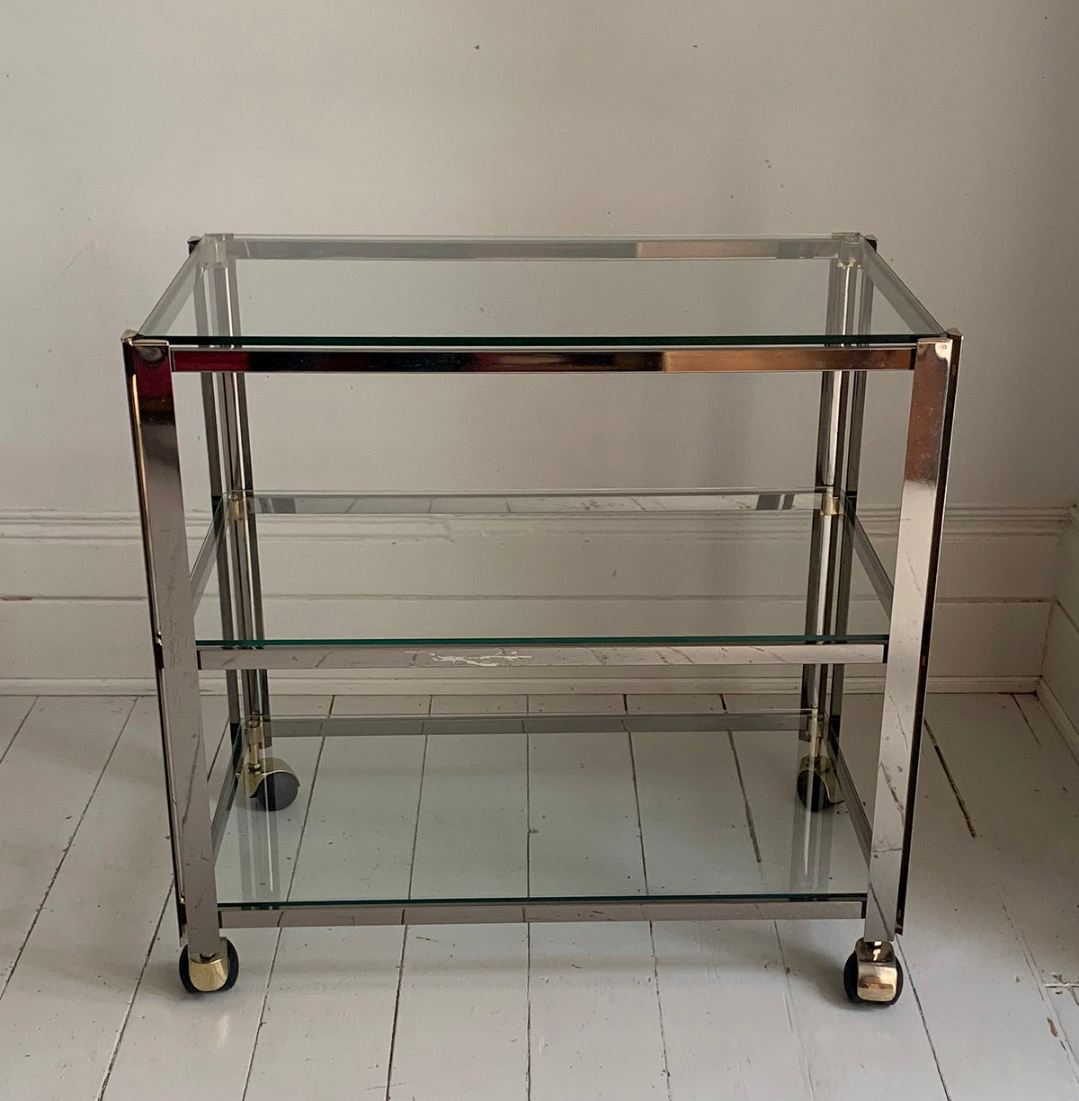 Vintage Italian 1970s Chrome & Brass Three Tier Drinks Trolley, Bar Cart