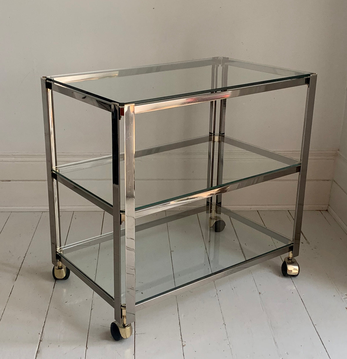 Vintage Italian 1970s Chrome & Brass Three Tier Drinks Trolley, Bar Cart