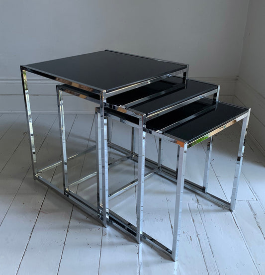 Vintage 1980s Italian Black Smoked Glass & Chrome Nesting Tables