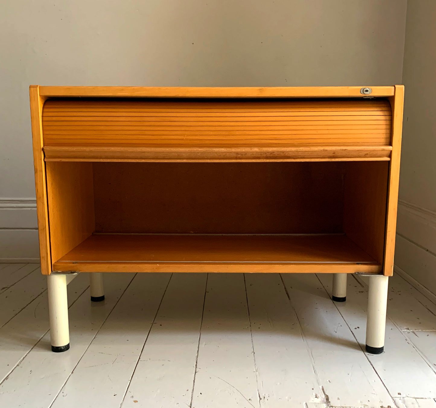 Vintage Scandi Style Pale Oak Tambour Storage / Filing / Media Vinyl Cabinet