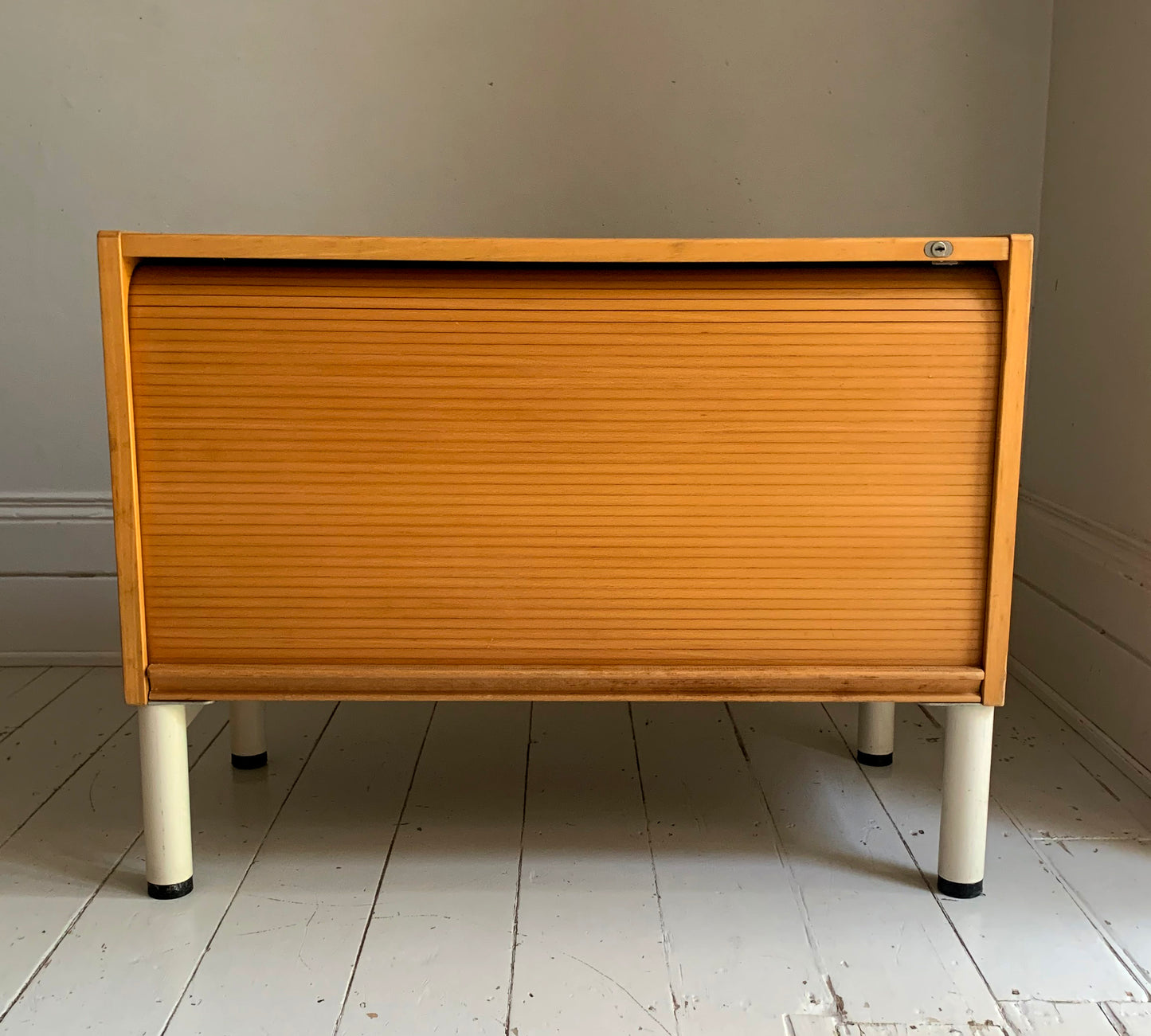Vintage Scandi Style Pale Oak Tambour Storage / Filing / Media Vinyl Cabinet