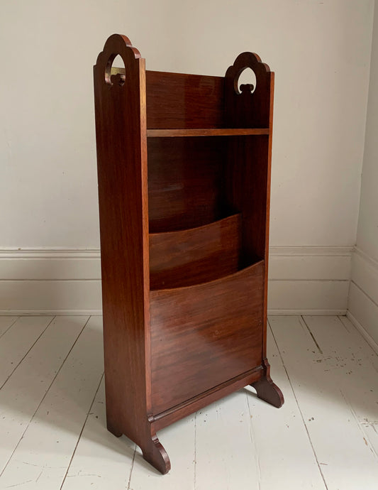 Vintage Arts & Craft Narrow Oak Bookcase With Shelf And Magazine Rack
