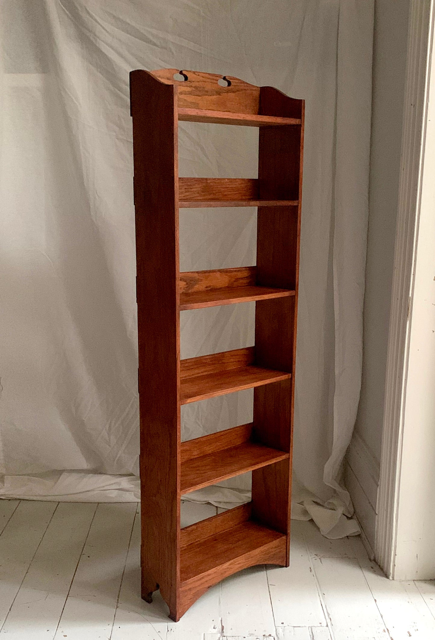 Vintage Arts & Crafts Tall, Narrow Oak Open Back Bookcase With Six Shelves