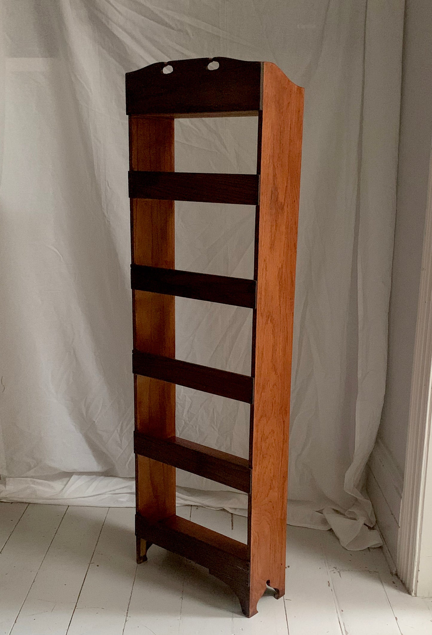 Vintage Arts & Crafts Tall, Narrow Oak Open Back Bookcase With Six Shelves