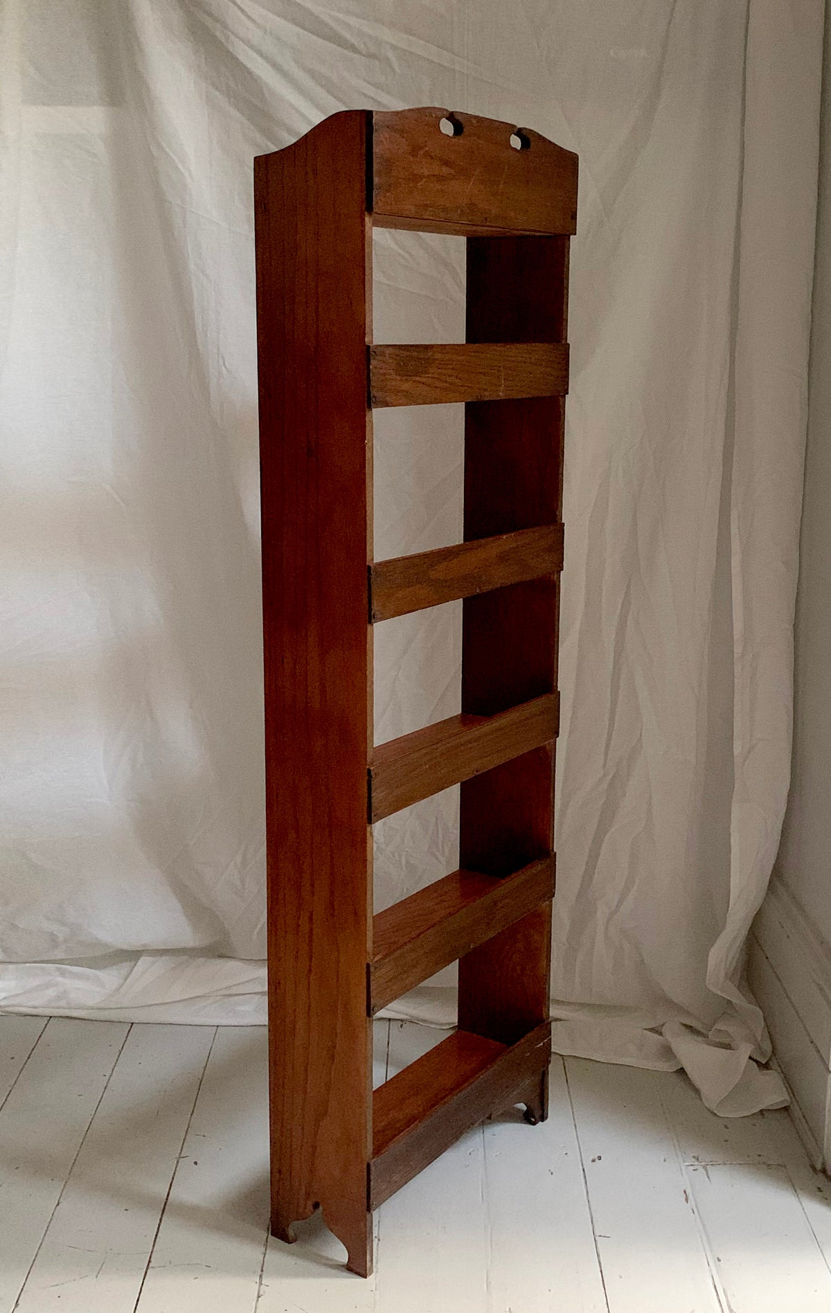 Vintage Arts & Crafts Tall, Narrow Oak Open Back Bookcase With Six Shelves