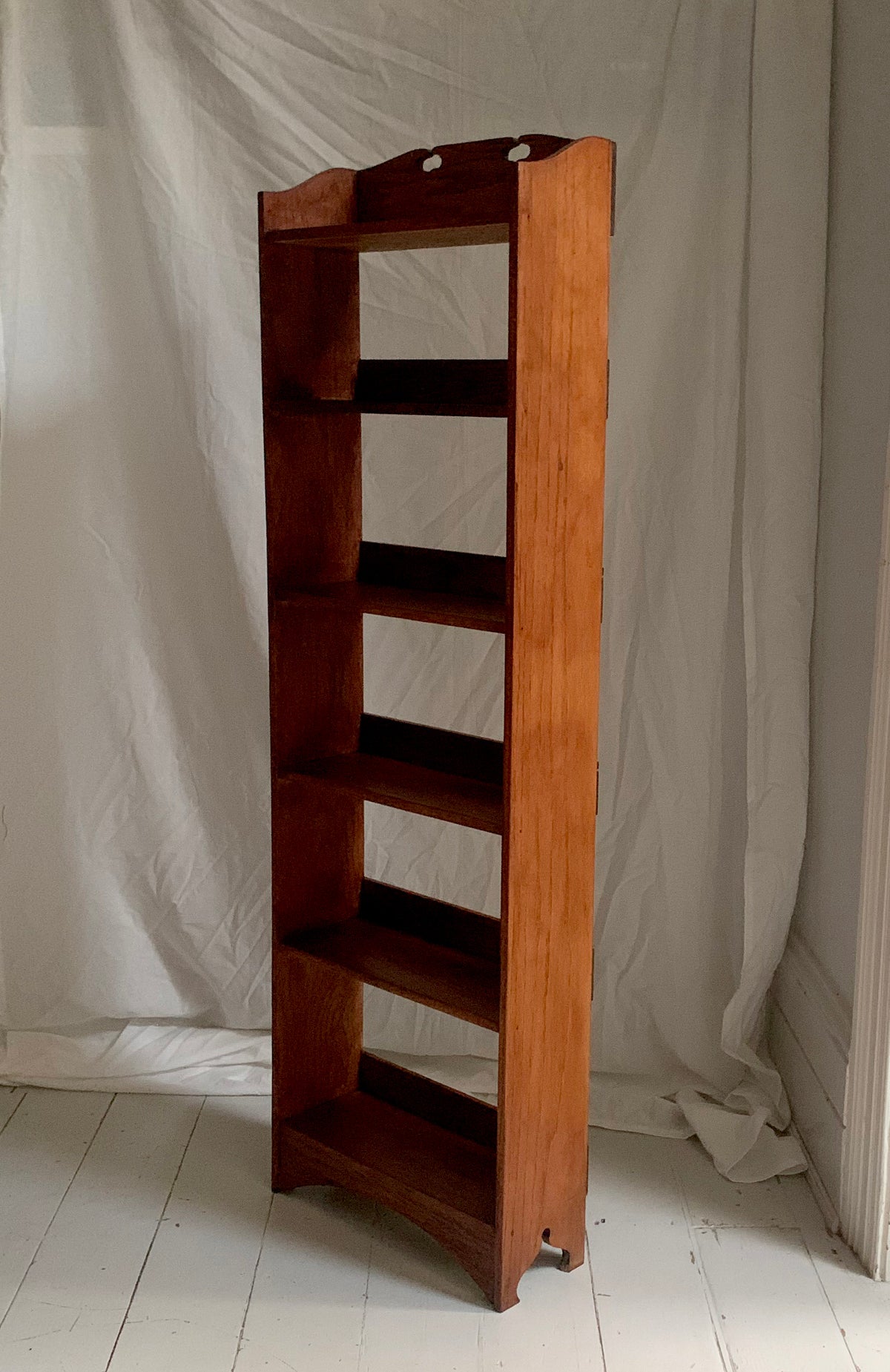 Vintage Arts & Crafts Tall, Narrow Oak Open Back Bookcase With Six Shelves