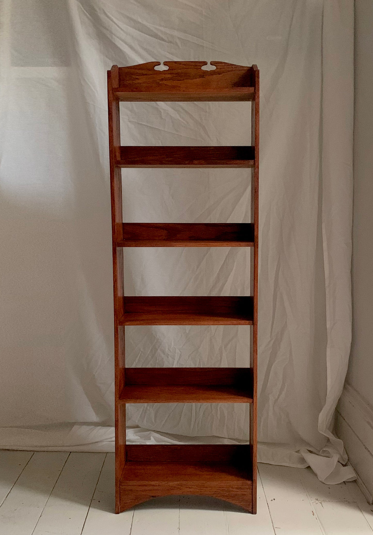 Vintage Arts & Crafts Tall, Narrow Oak Open Back Bookcase With Six Shelves