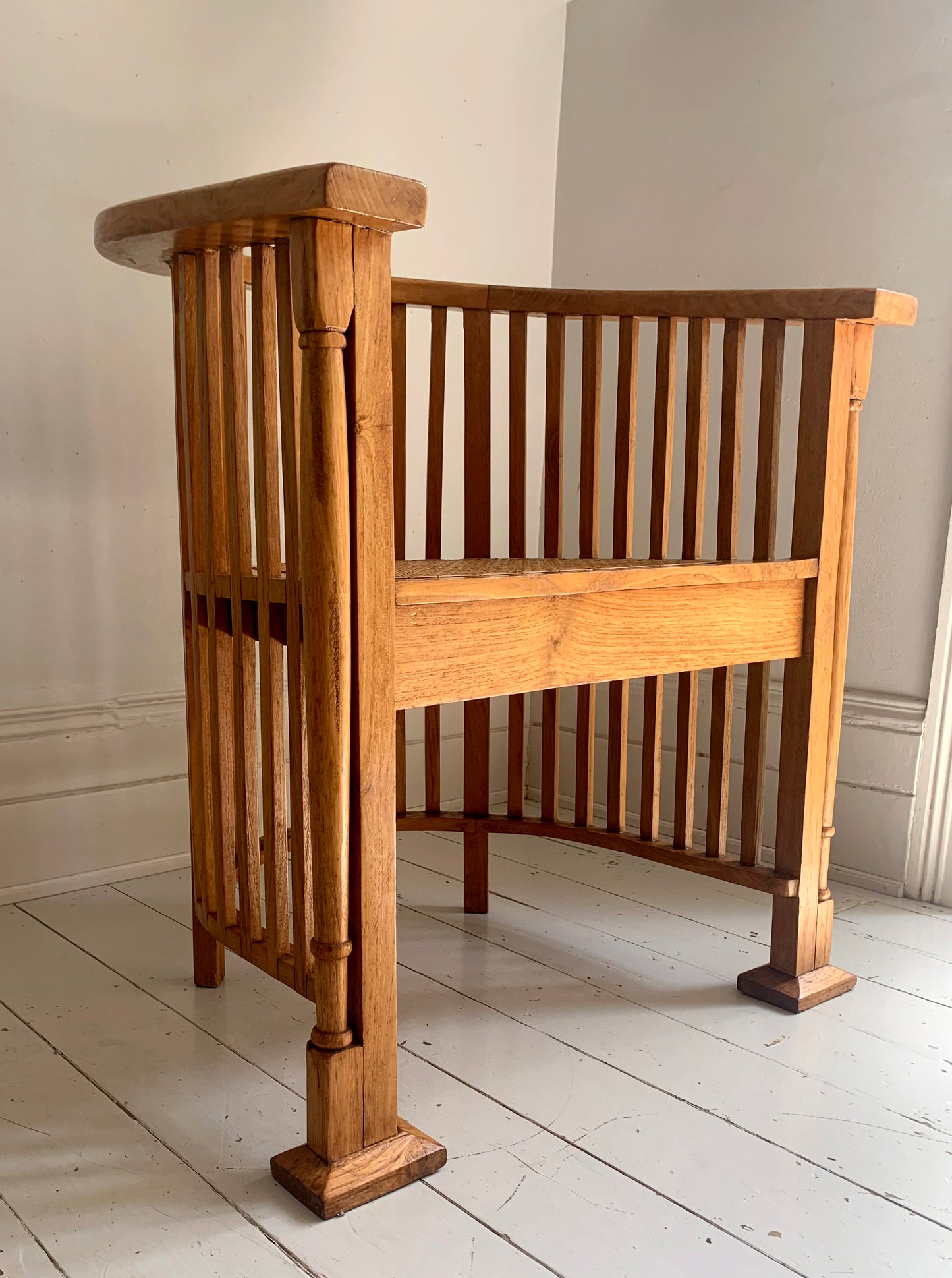 Arts & Craft Style Teak Barrel Chair with Rattan Seat, Colonial Accent Chair