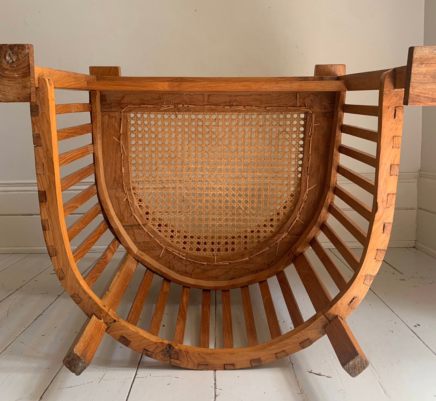 Arts & Craft Style Teak Barrel Chair with Rattan Seat, Colonial Accent Chair