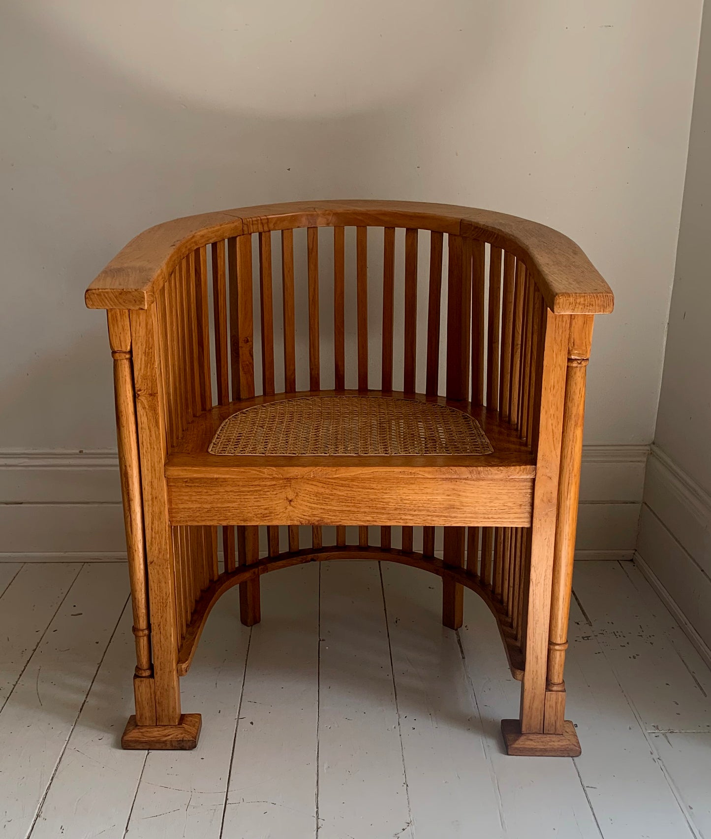Arts & Craft Style Teak Barrel Chair with Rattan Seat, Colonial Accent Chair