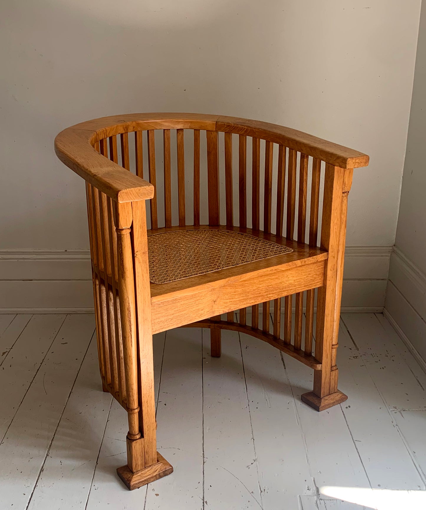 Arts & Craft Style Teak Barrel Chair with Rattan Seat, Colonial Accent Chair