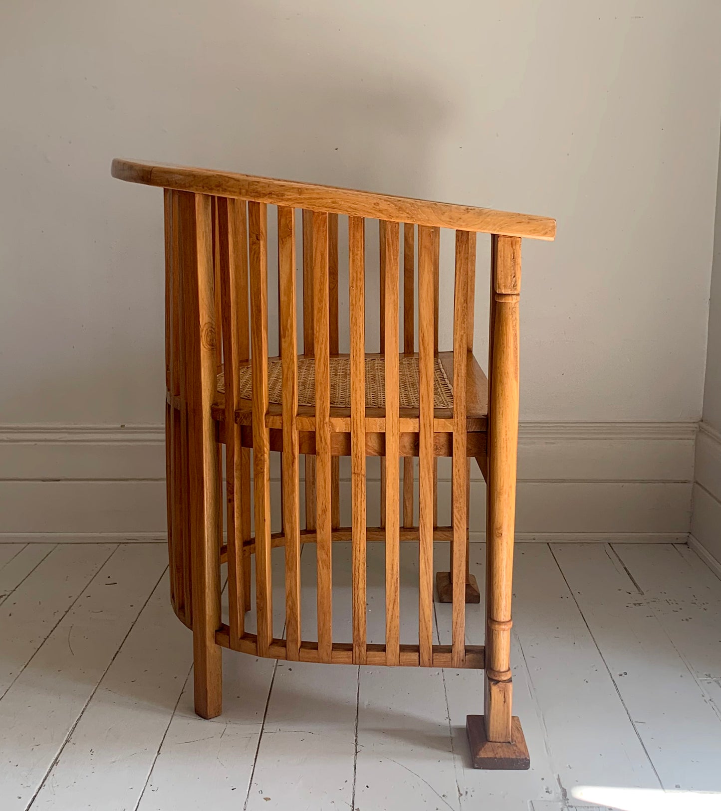 Arts & Craft Style Teak Barrel Chair with Rattan Seat, Colonial Accent Chair
