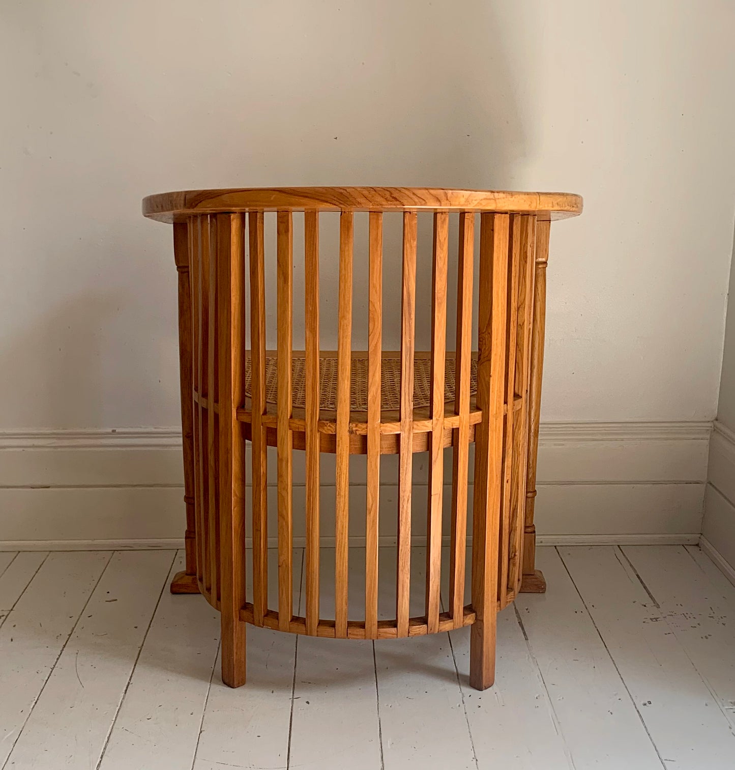 Arts & Craft Style Teak Barrel Chair with Rattan Seat, Colonial Accent Chair