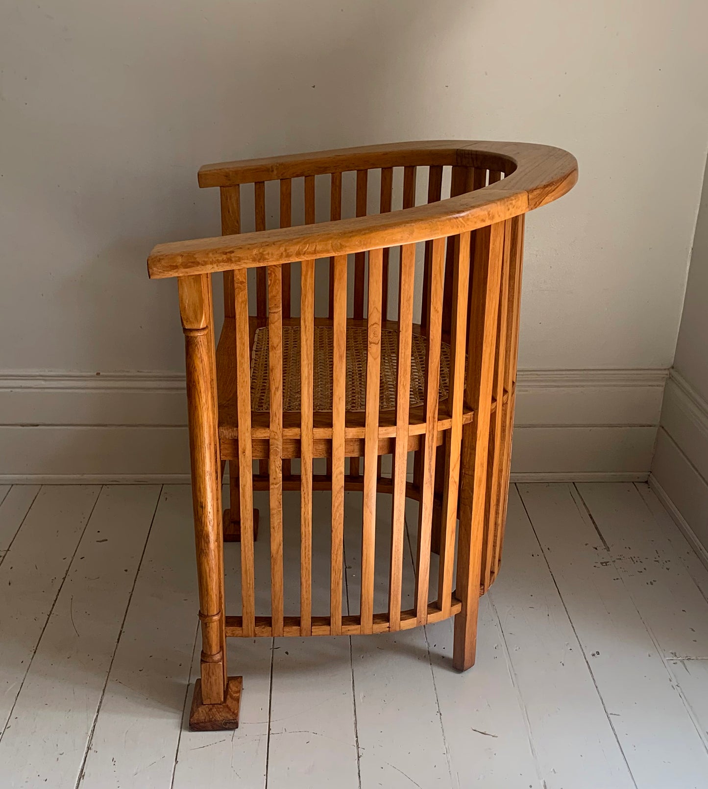 Arts & Craft Style Teak Barrel Chair with Rattan Seat, Colonial Accent Chair